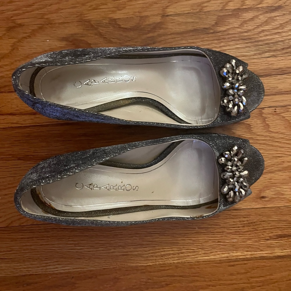 Caparros silver metallic evening shoe with bejeweled peep toe